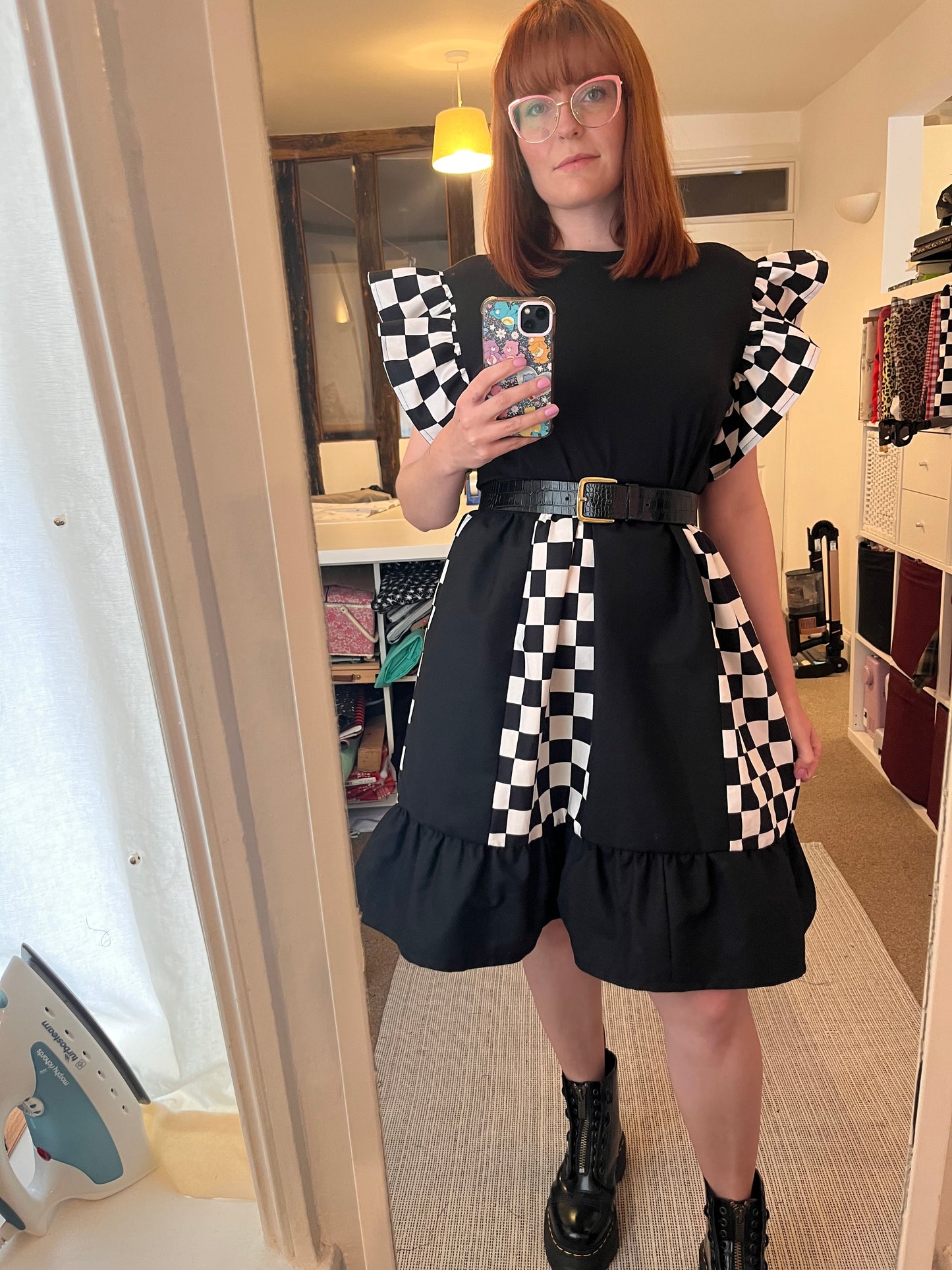 Patchwork Checkmate Frill Dress - Size L - UK 14/16