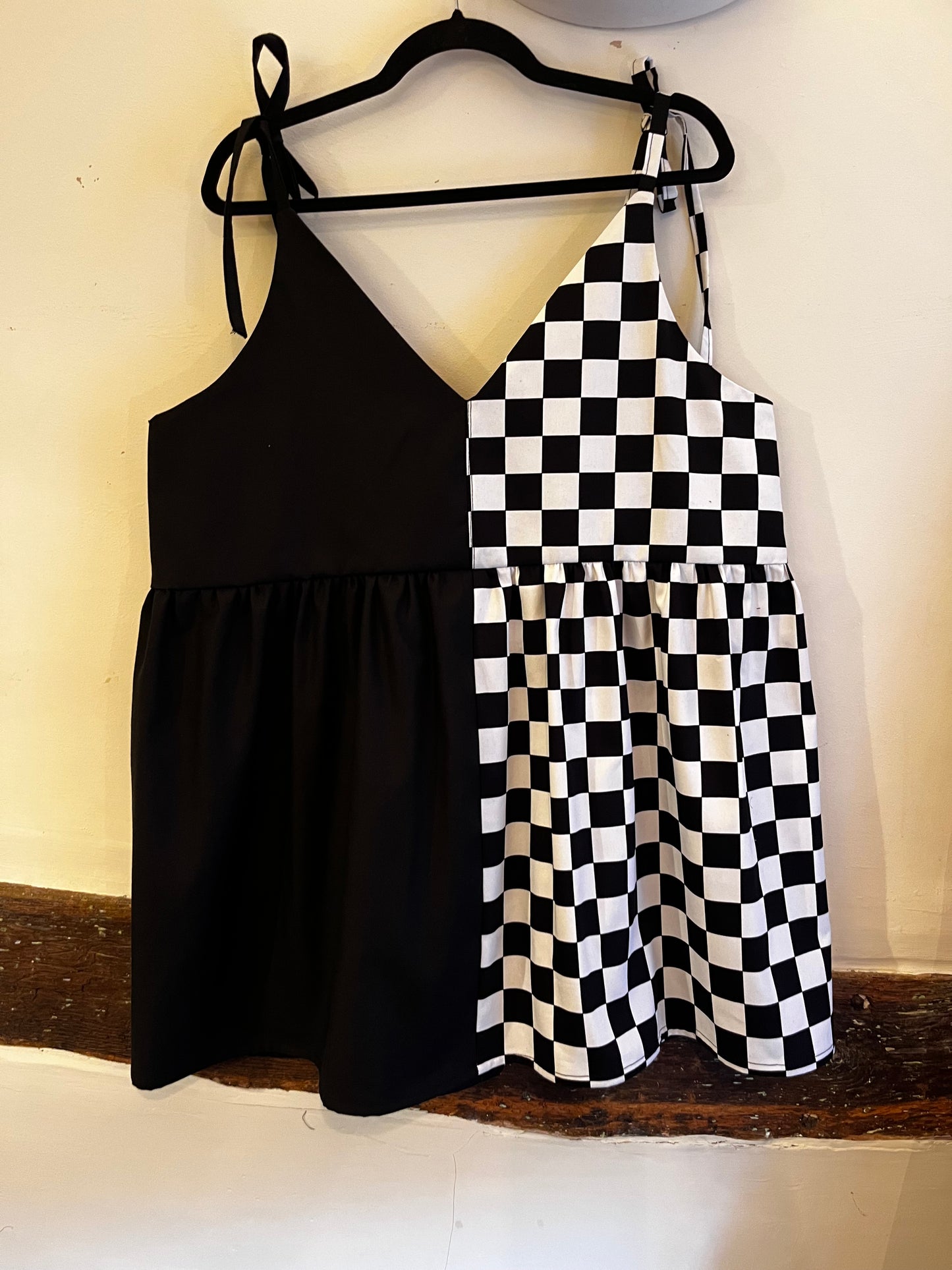 Split Checkmate and Black Cami Dress- Size 16