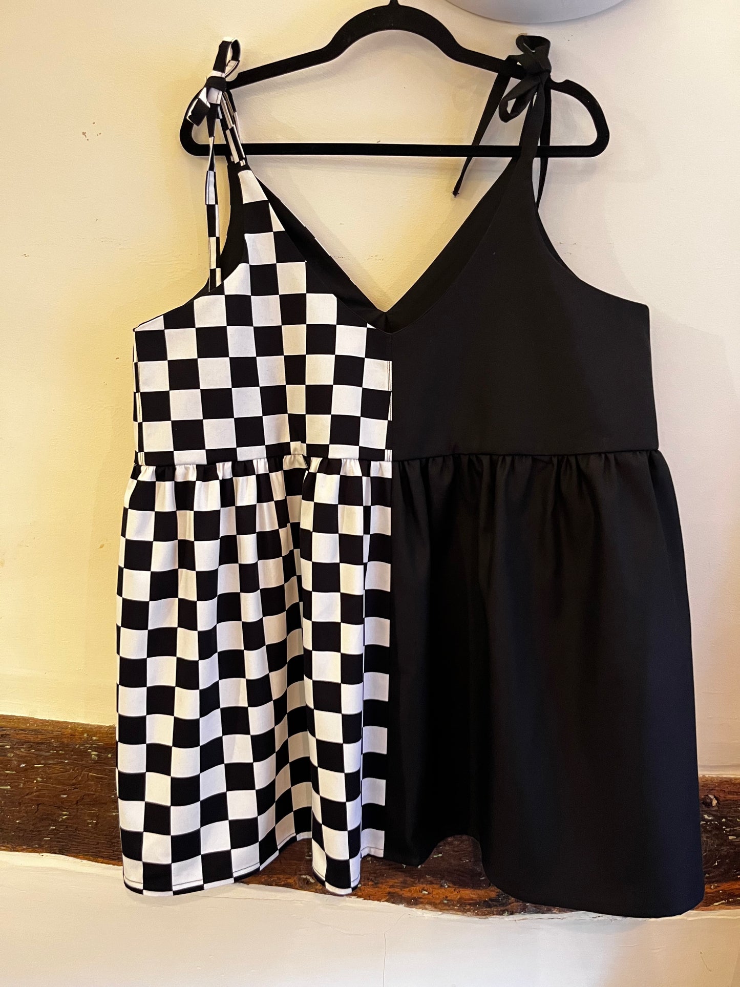 Split Checkmate and Black Cami Dress- Size 16