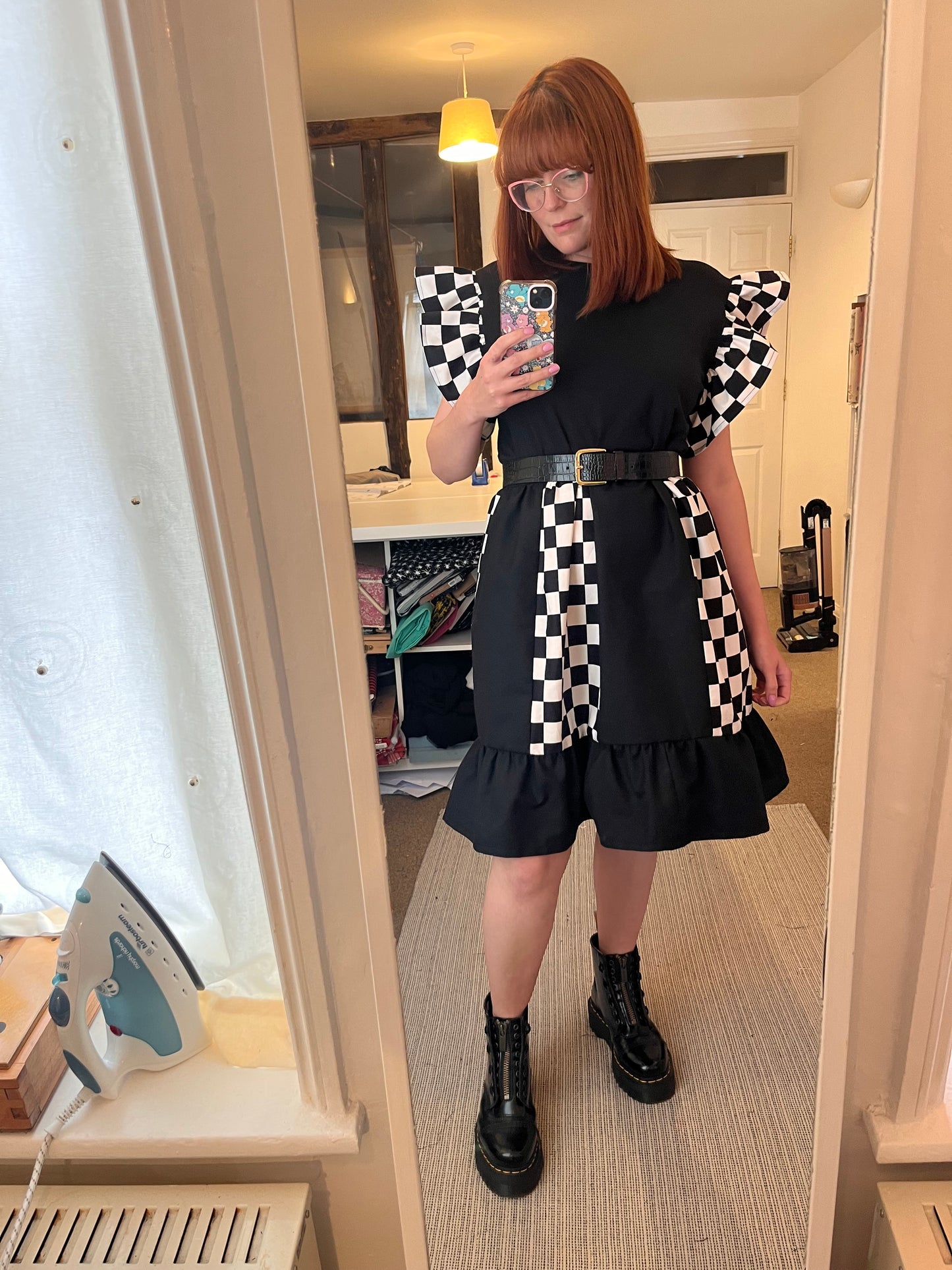 Patchwork Checkmate Frill Dress - Size L - UK 14/16