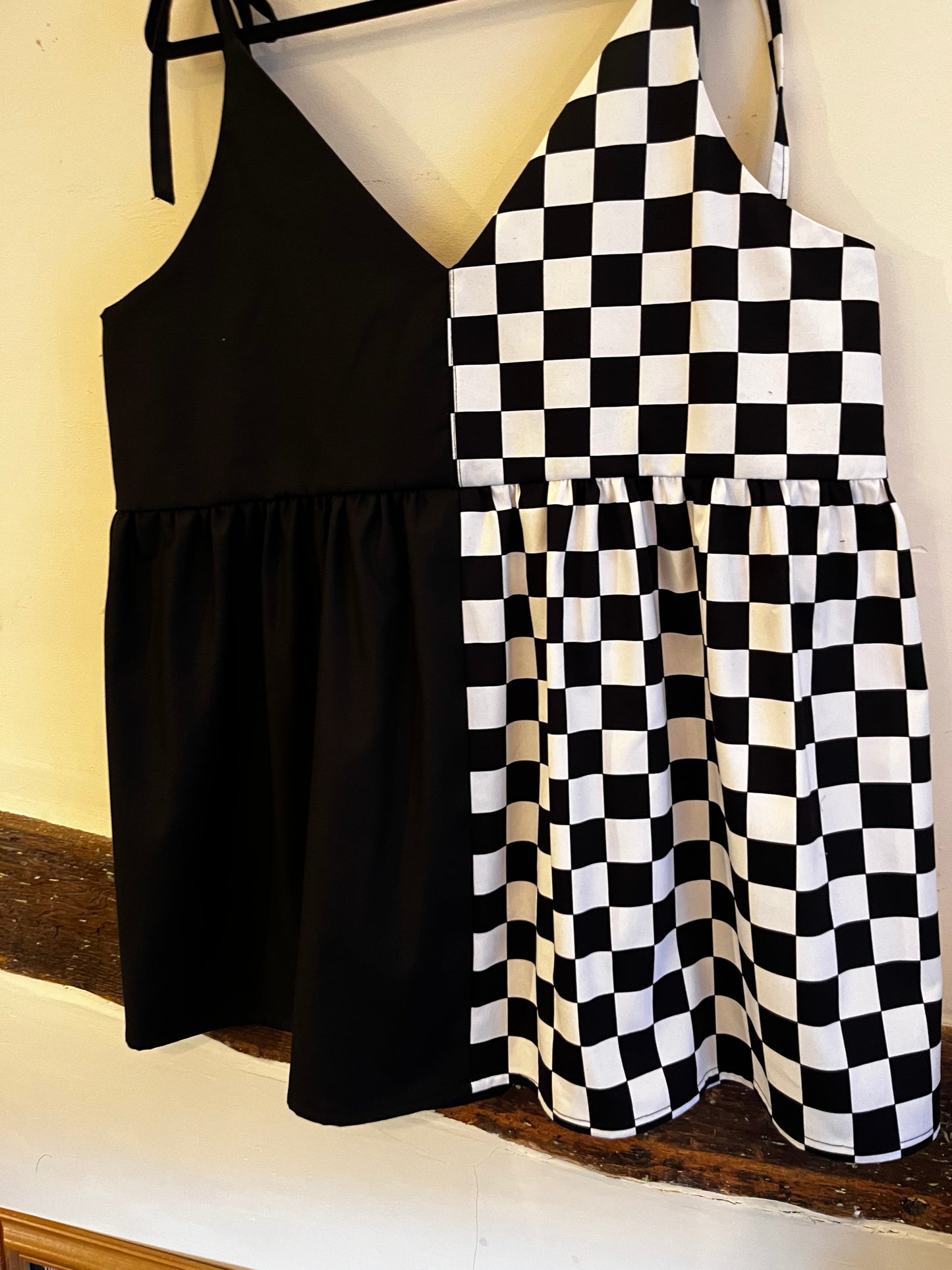 Split Checkmate and Black Cami Dress- Size 16