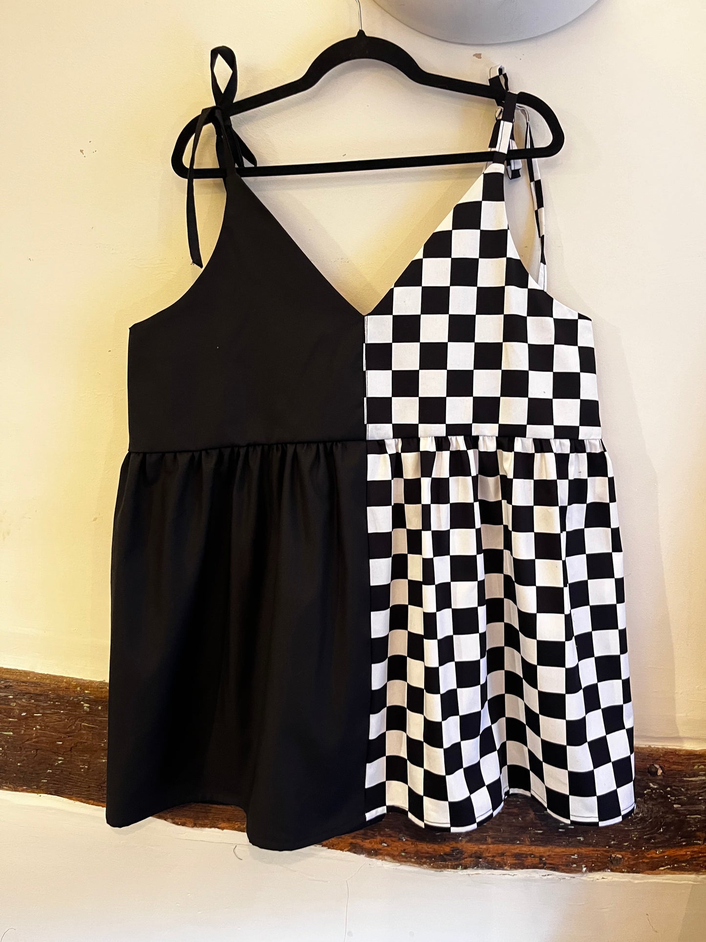 Split Checkmate and Black Cami Dress- Size 16